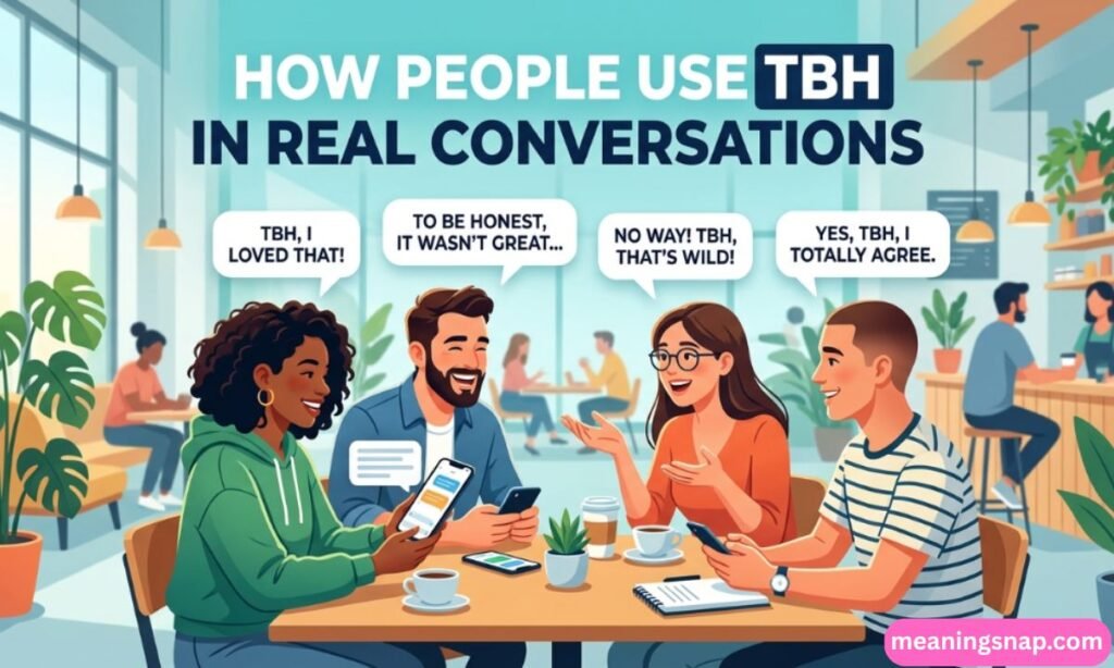 Four friends chatting around a table with speech bubbles showing TBH example sentences under title HOW PEOPLE USE TBH IN REAL CONVERSATIONS.