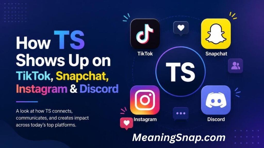 Graphic explaining "How TS Shows Up on TikTok, Snapchat, Instagram & Discord" surrounding app logos on a navy background.