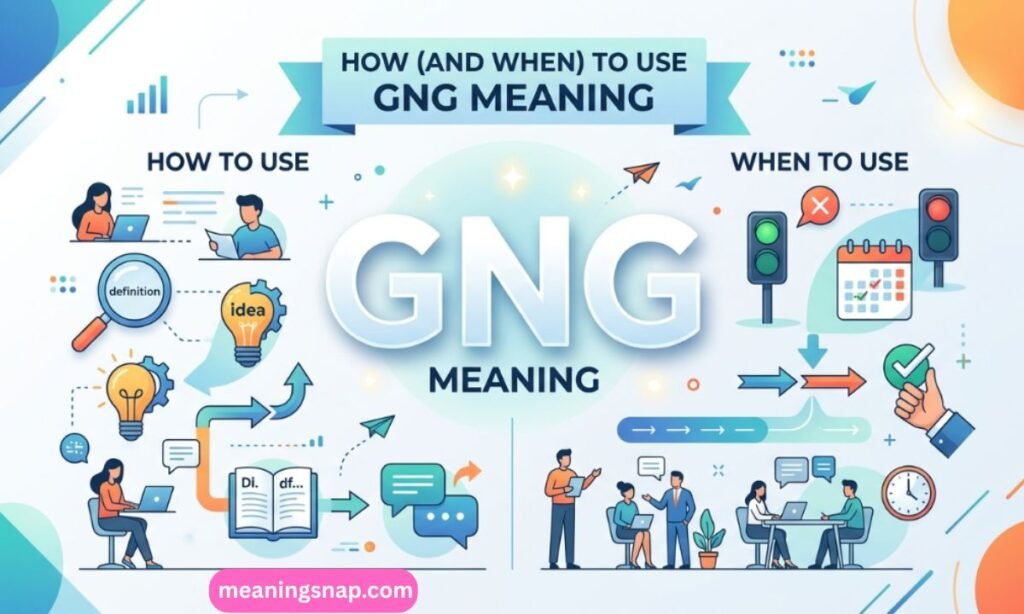 Two-sided infographic illustrating how and when to use GNG under title HOW (AND WHEN) TO USE GNG MEANING.