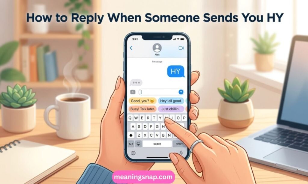 Hands holding smartphone displaying a text message with HY from Alex and quick reply options under title How to Reply When Someone Sends You HY.