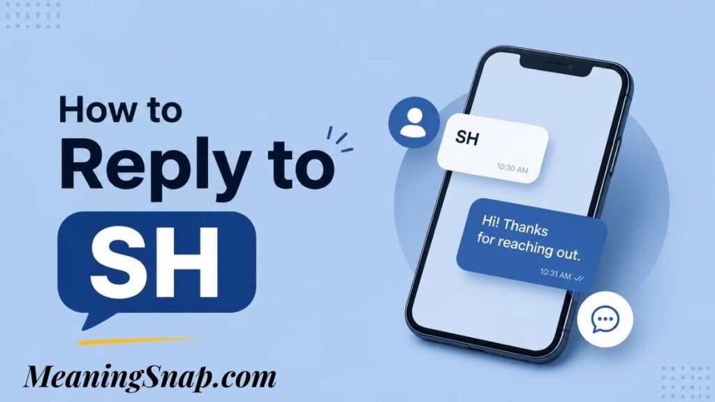 Graphic explaining the sh meaning titled "How to Reply to SH", showing a smartphone displaying a chat message reading "SH" paired with a response reading "Hi! Thanks for reaching out."
