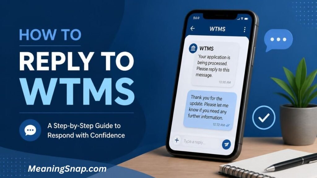 Smartphone screen displaying an application status update from WTMS alongside a recommended text response and headline reading "How to Reply to WTMS."