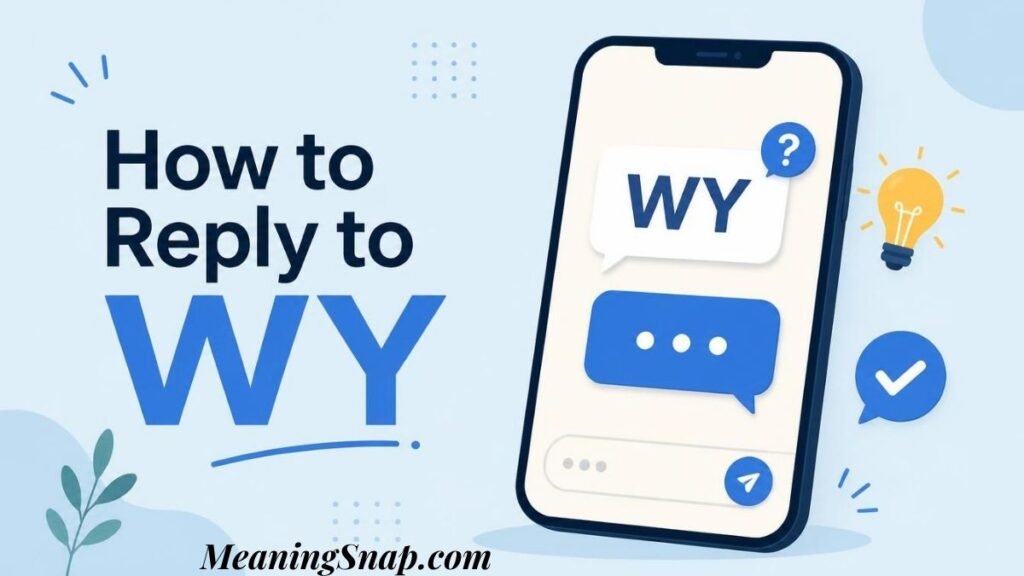 Infographic on how to reply to WY featuring a smartphone screen showing a message bubble with WY and a blue response bubble.