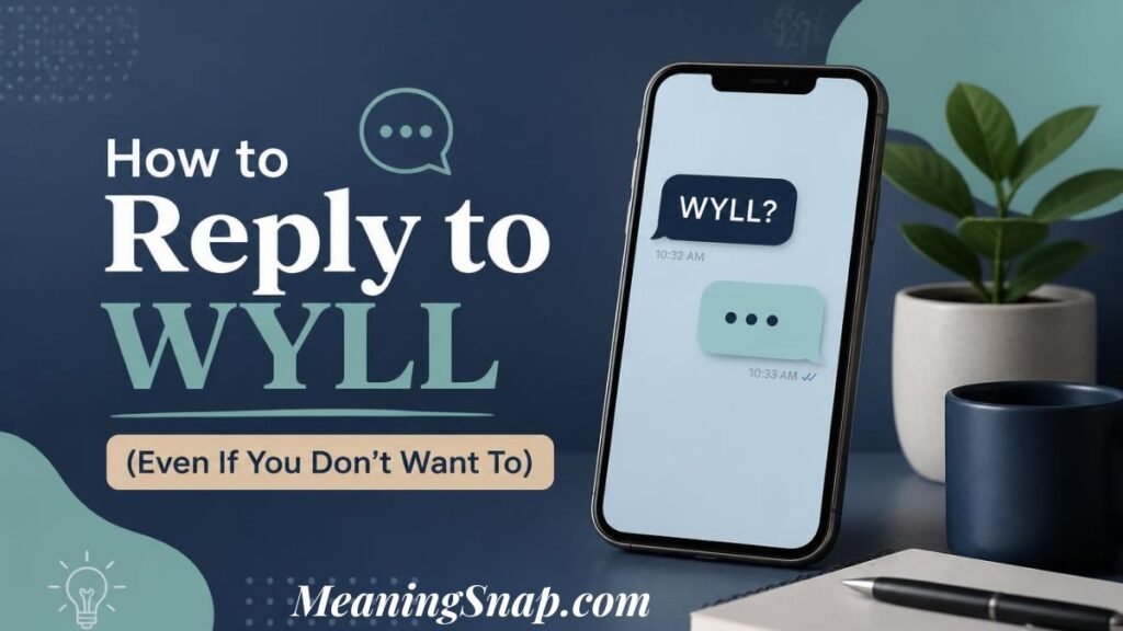 Graphic explaining "How to Reply to WYLL (Even If You Don't Want To)" with a smartphone showing an incoming text reading "WYLL?".
