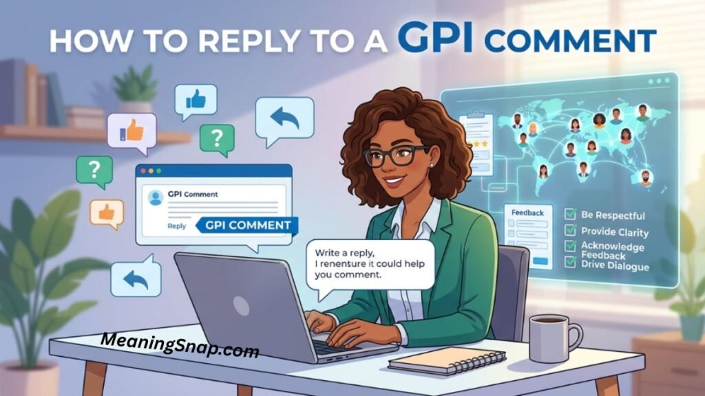 Illustration of a woman at a desk replying to a GPI comment on her laptop next to a response checklist.