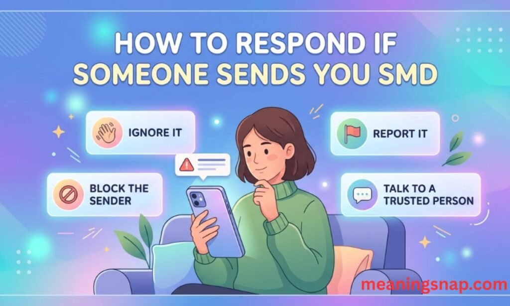 Woman on a sofa holding a phone surrounded by response options like IGNORE IT and REPORT IT under title HOW TO RESPOND IF SOMEONE SENDS YOU SMD.
