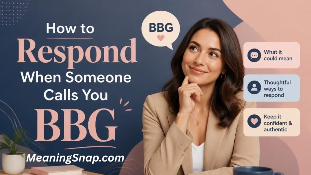 A smiling woman posing thoughtfully next to text reading "How to Respond When Someone Calls You BBG" with response strategy icons.