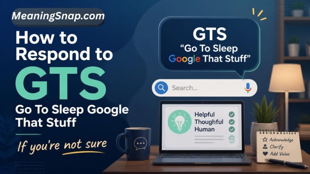 Laptop screen displaying messaging tips beside headline reading "How to Respond to GTS: Go To Sleep, Google That Stuff."