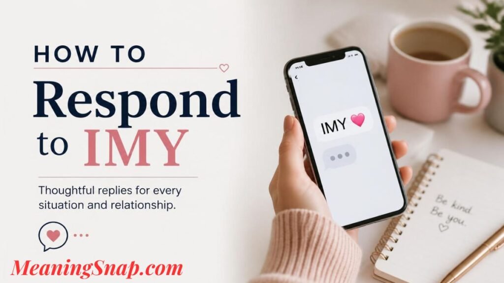 Graphic titled "HOW TO Respond to IMY" showing a hand holding a smartphone displaying an "IMY ❤️" message next to a coffee cup and notebook.