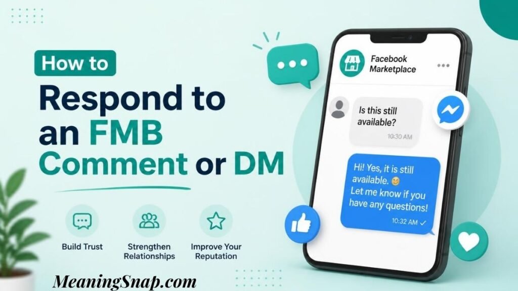 Infographic on how to respond to an FMB comment or DM with a smartphone displaying Facebook Marketplace chat messages.