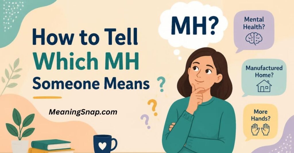 Illustrated woman thinking thoughtfully under headline How to Tell Which MH Someone Means surrounded by speech bubbles for Mental Health, Manufactured Home, and More Hands.