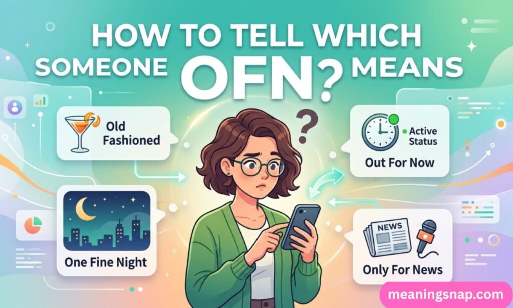 Confused woman holding phone with four speech bubbles showing OFN meanings like Old Fashioned, Out For Now, One Fine Night, and Only For News.