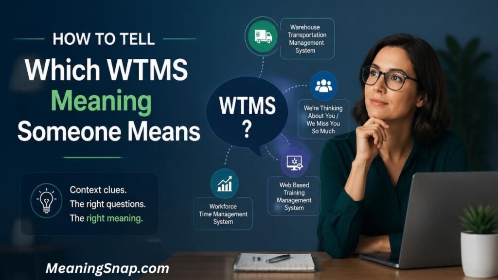 A woman sitting thoughtfully at her laptop with a chart displaying multiple meanings of the acronym WTMS.