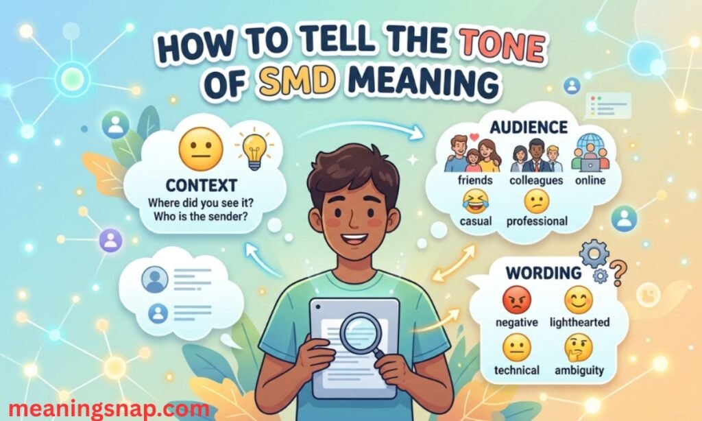Person inspecting tablet surrounded by thought bubbles analyzing context, audience, and wording under title HOW TO TELL THE TONE OF SMD MEANING.