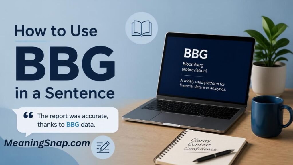 Laptop on a desk displaying "BBG: Bloomberg (abbreviation)" with an example sentence bubble reading "The report was accurate, thanks to BBG data."