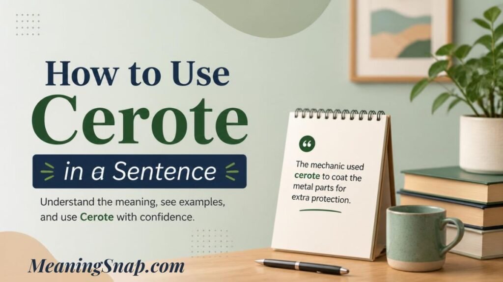 Graphic titled "How to Use Cerote in a Sentence" featuring a desk calendar display with an example sentence next to books, a pen, and a ceramic mug.
