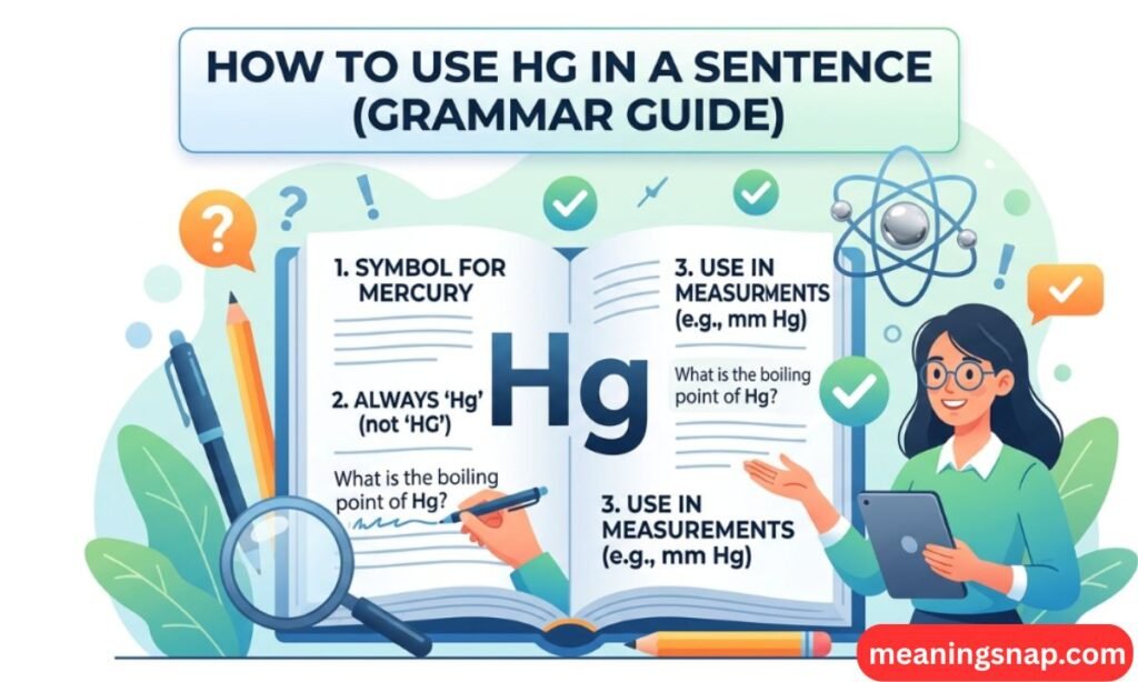 Illustrated grammar guide showing how to use the chemical element symbol Hg in sentences under title HOW TO USE HG IN A SENTENCE (GRAMMAR GUIDE).