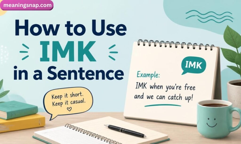 Desktop layout featuring a notebook with an example sentence using IMK alongside a coffee mug under headline How to Use IMK in a Sentence.