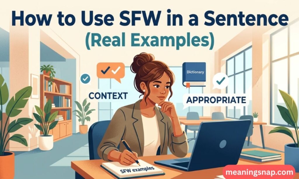 Illustrated woman taking notes beside a laptop in an office setting under heading How to Use SFW in a Sentence (Real Examples).