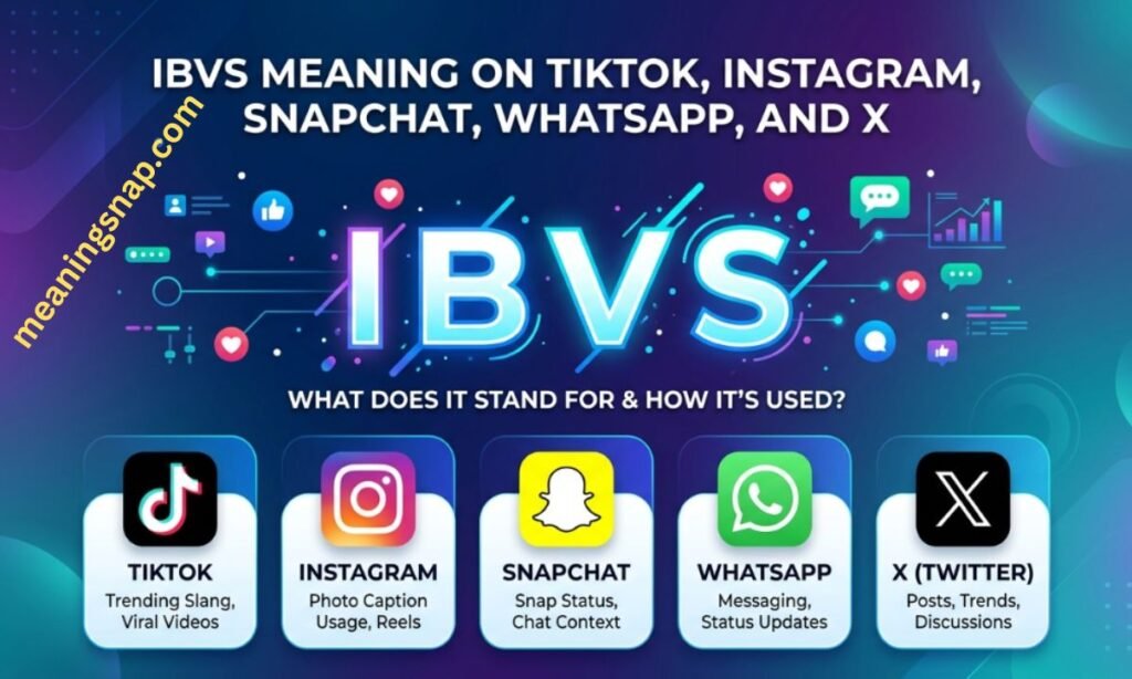 Vibrant graphic breaking down IBVS usage across TikTok, Instagram, Snapchat, WhatsApp, and X under title IBVS MEANING ON TIKTOK, INSTAGRAM, SNAPCHAT, WHATSAPP, AND X.