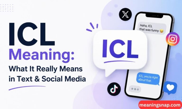 Smartphone with chat messages using ICL alongside TikTok, X, and Instagram icons under title ICL Meaning: What It Really Means in Text & Social Media.