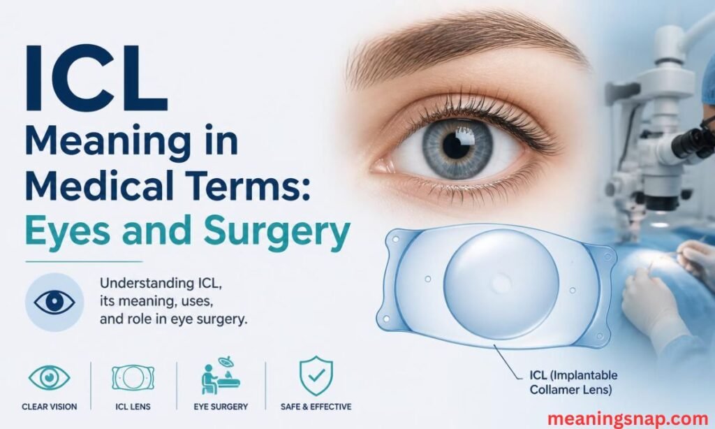 Diagram of an Implantable Collamer Lens (ICL) next to a human eye and surgeon under headline ICL Meaning in Medical Terms: Eyes and Surgery.