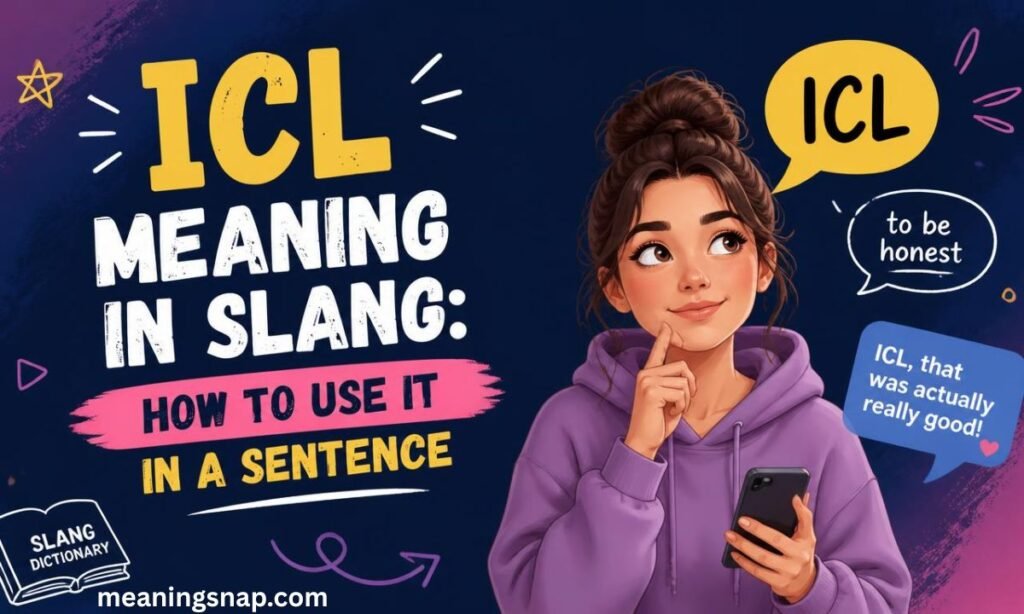 Illustrated woman holding a phone next to speech bubbles explaining ICL under title ICL MEANING IN SLANG: HOW TO USE IT IN A SENTENCE.