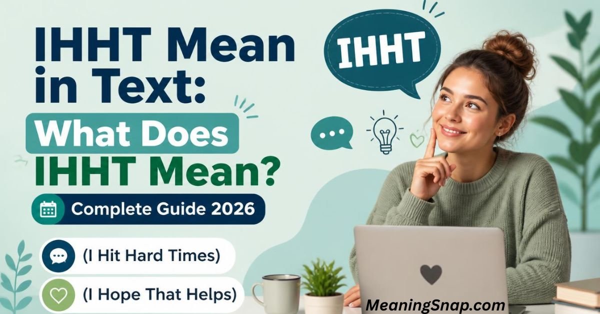 Woman sitting at a laptop thinking thoughtfully under headline IHHT Mean in Text: What Does IHHT Mean? Complete Guide 2026.