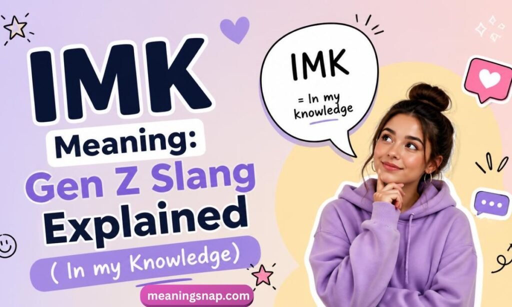 Young woman in a purple hoodie looking up thoughtfully at a speech bubble defining IMK as In my knowledge under title IMK Meaning: Gen Z Slang Explained (In my Knowledge).