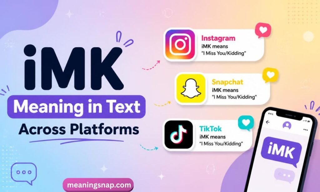 Social media badges surrounding a smartphone displaying iMK breaking down platform slang meanings under title iMK Meaning in Text Across Platforms.