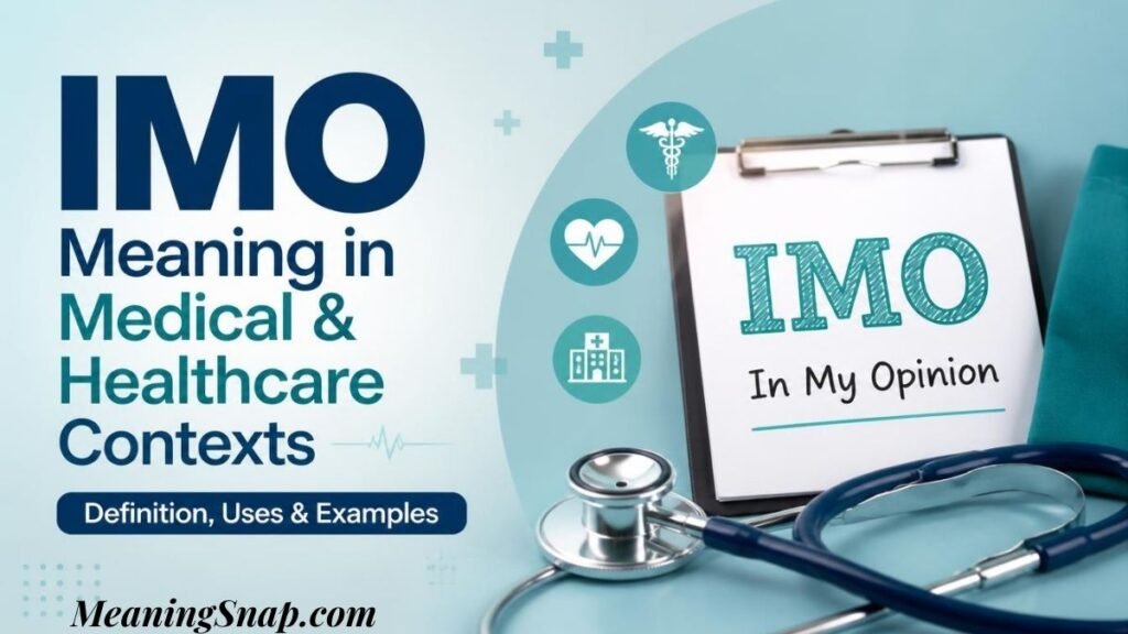 Infographic explaining IMO meaning in medical and healthcare contexts with a stethoscope and medical clipboard.