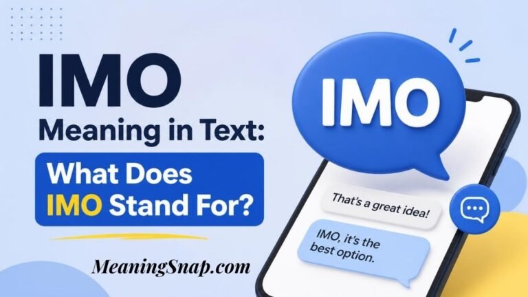 Infographic explaining IMO meaning in text with a smartphone showing a text conversation and a blue speech bubble.