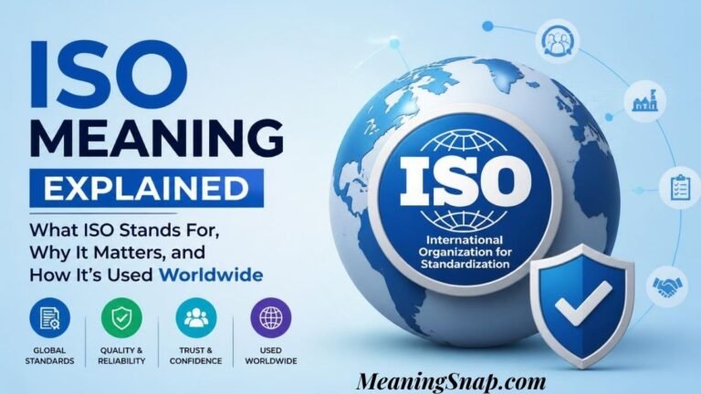 Infographic explaining ISO meaning, showing a blue 3D globe with the International Organization for Standardization logo and a checkmark shield.