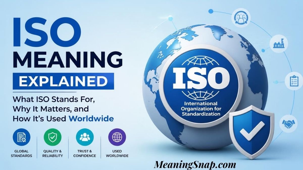 Infographic explaining ISO meaning, showing a blue 3D globe with the International Organization for Standardization logo and a checkmark shield.