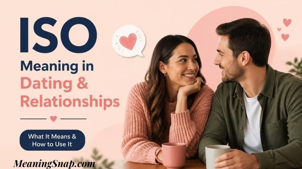 Infographic explaining ISO meaning in dating and relationships, featuring a smiling couple having coffee together.