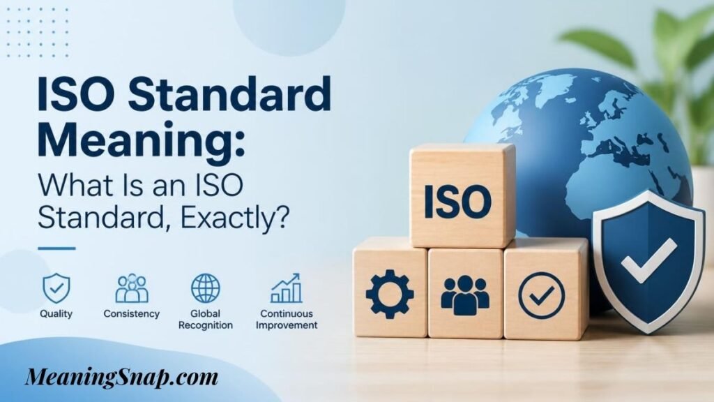 Infographic explaining ISO Standard meaning, featuring stacked wooden blocks with ISO icons next to a globe and checkmark shield.