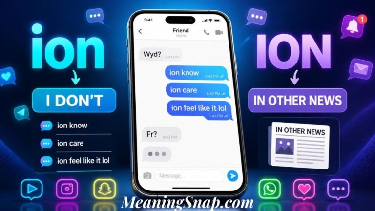 Graphic explaining the ion meaning in text titled "ion" and "ION", showing a smartphone displaying chat messages like "ion know", "ion care", and "ion feel like it lol".
