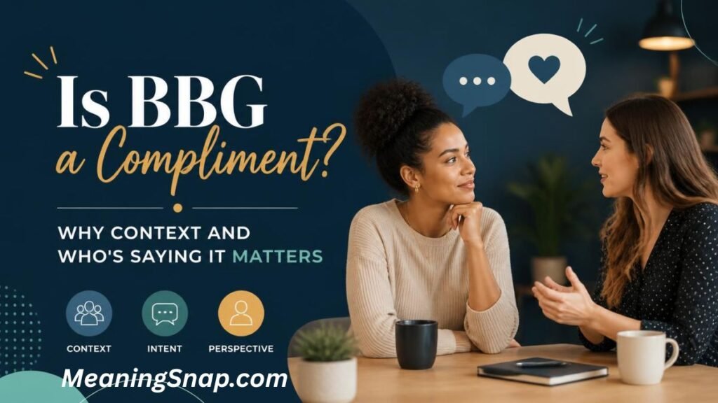 Two women conversing at a desk with coffee mugs alongside the title "Is BBG a Compliment? Why Context and Who's Saying It Matters."