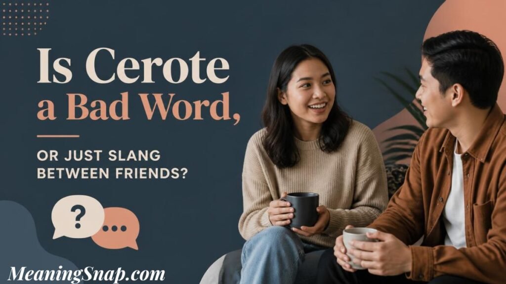 Graphic titled "Is Cerote a Bad Word, OR JUST SLANG BETWEEN FRIENDS?" showing a man and woman holding coffee mugs and conversing.