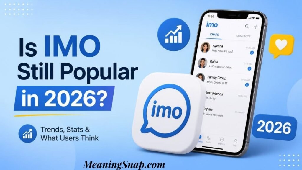 Infographic asking if IMO is still popular in 2026, featuring the imo app logo and a smartphone showing chat interface screens.