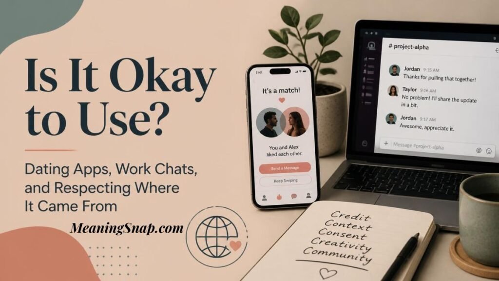 Graphic explaining the ion meaning in text titled "Is It Okay to Use?", displaying a smartphone showing a dating app match alongside a laptop screen with a workplace messaging chat.