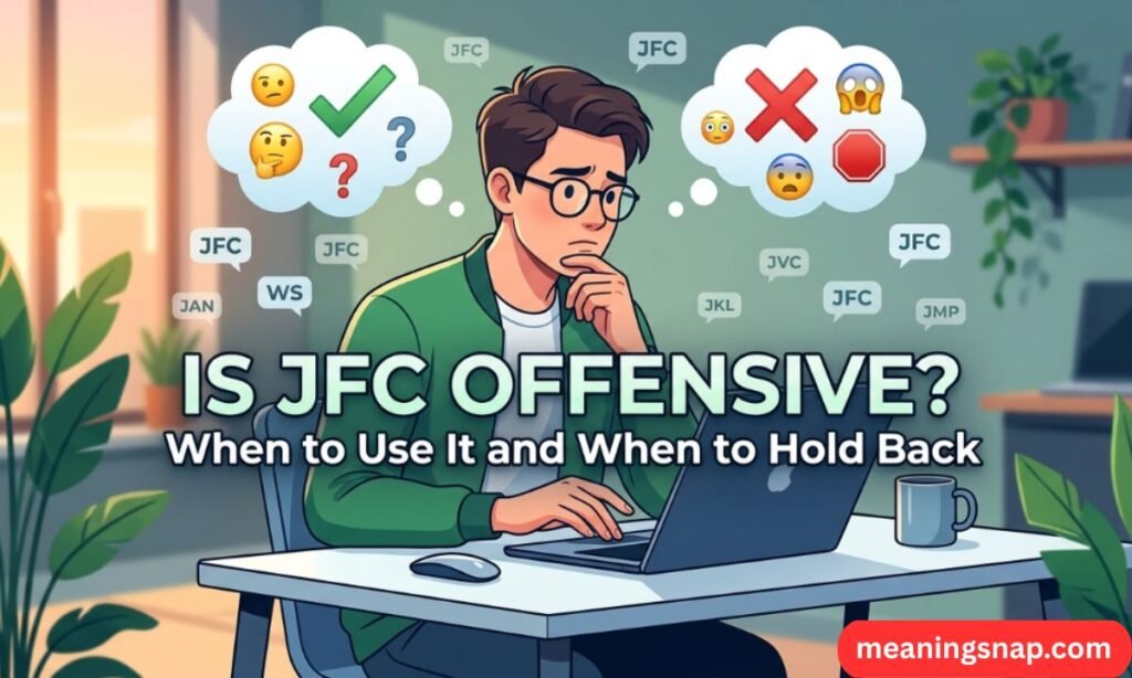 Man with glasses pondering at a desk in front of a laptop weighing appropriate vs offensive uses under title IS JFC OFFENSIVE?.