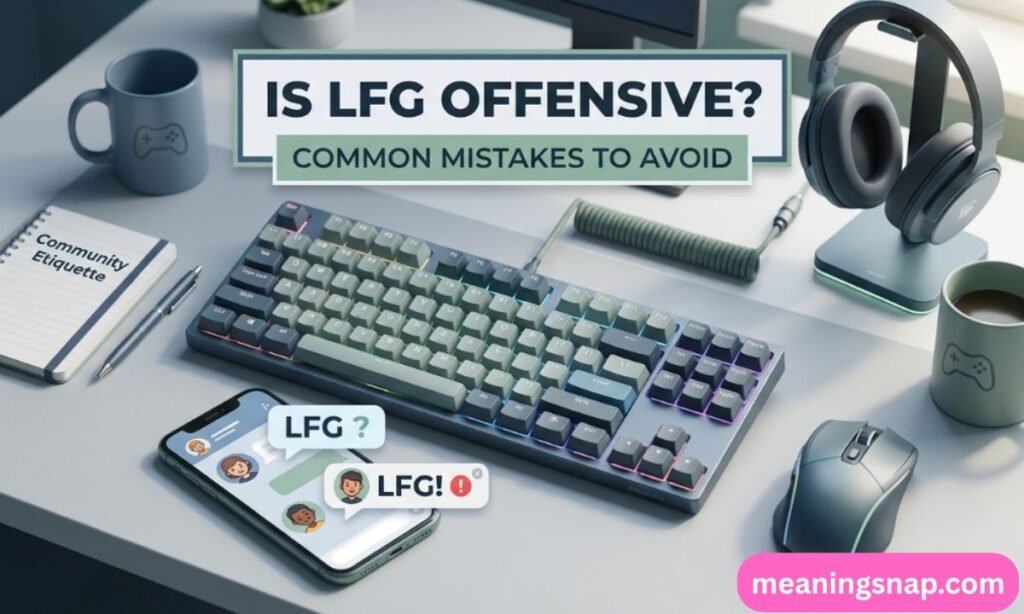 Gaming desk setup with keyboard, headphones, notebook, and a smartphone displaying LFG chat bubbles under title IS LFG OFFENSIVE? COMMON MISTAKES TO AVOID.