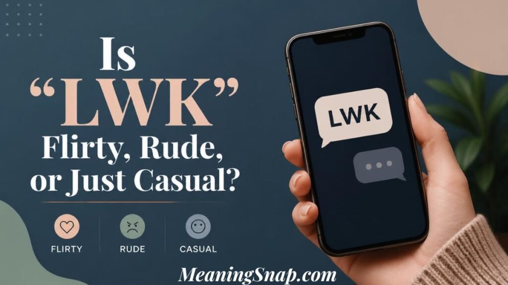 Graphic explaining the lwk meaning titled "Is 'LWK' Flirty, Rude, or Just Casual?", showing a hand holding a smartphone with an "LWK" speech bubble.