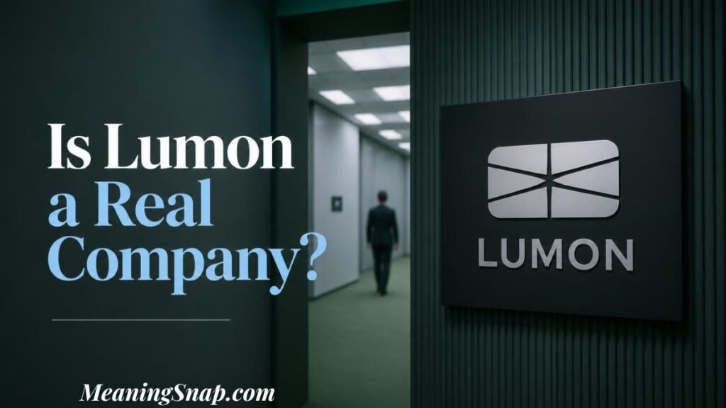 Graphic titled "Is Lumon a Real Company?" depicting a person walking down a green office hallway past a wall-mounted Lumon logo plaque.