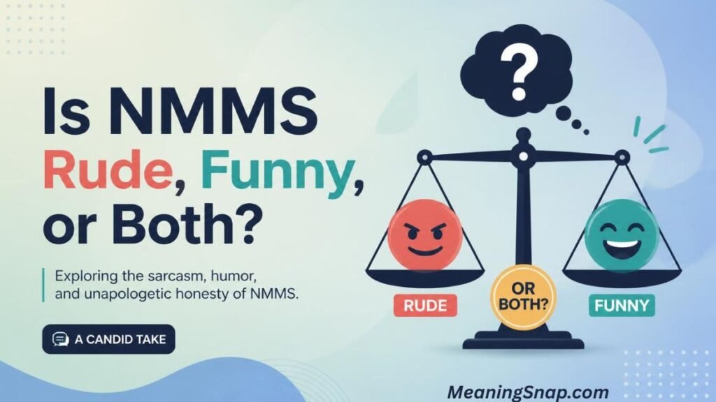 Balance scale weighing rude and funny emojis next to text asking "Is NMMS Rude, Funny, or Both?"