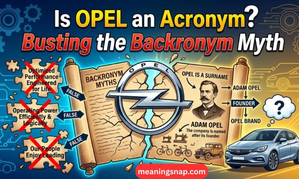 Infographic debunking acronym myths about OPEL with founder Adam Opel's origin story under heading Is OPEL an Acronym? Busting the Backronym Myth.