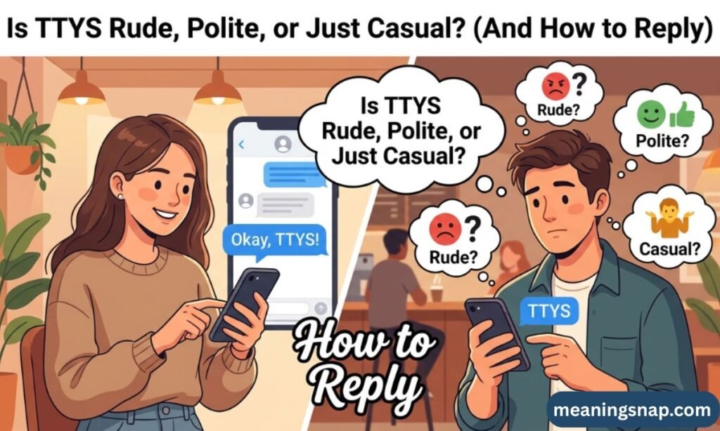 Illustrated split banner showing a woman sending a TTYS text while a man ponders if TTYS is rude, polite, or casual under title Is TTYS Rude, Polite, or Just Casual? (And How to Reply).