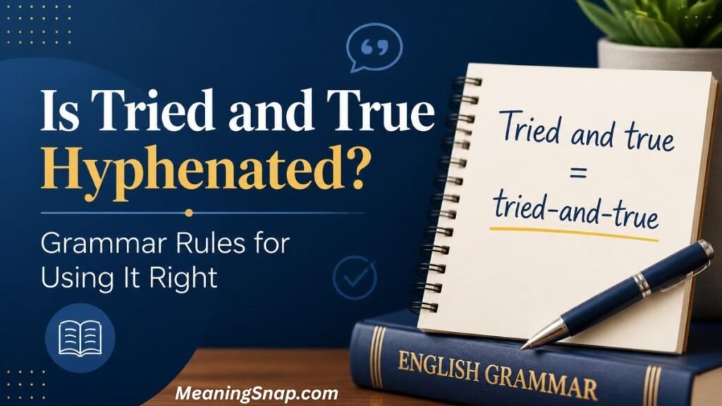 Spiral notepad showing Tried and true = tried-and-true next to an English Grammar book under headline Is Tried and True Hyphenated?