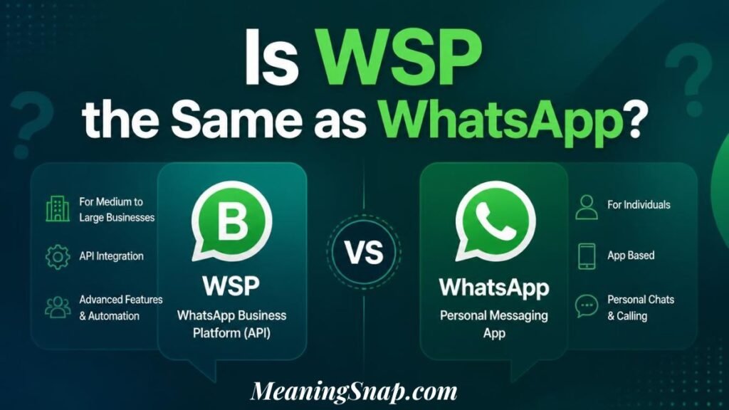 Graphic asking "Is WSP the Same as WhatsApp?" comparing WSP (WhatsApp Business Platform API) with the standard WhatsApp personal messaging app.